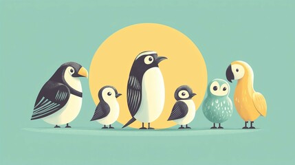 Fototapeta premium Cute Cartoon concept. Charming group of cartoon birds against a sunny backdrop.