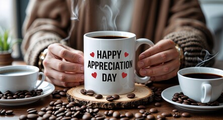 appreciation day lettering on coffee mug at table