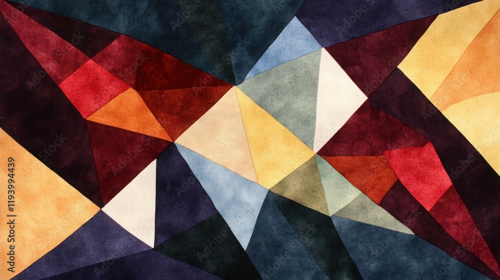 Poster abstract geometric shapes displayed in a colorful patchwork pattern with vibrant hues of red, yellow