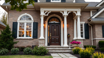 Obraz premium Elegant Brick House Exterior with Classic Porch Design and Landscaping. Beautiful Home Architecture, Real Estate Photography
