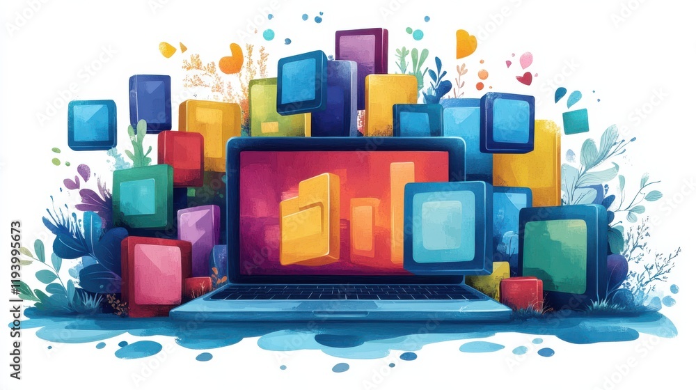Poster vibrant digital landscape with colorful shapes surrounding open laptop displaying abstract design el