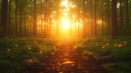 Fototapeta premium Sunlit forest path at sunset, tranquil nature scene, peaceful background, ideal for relaxation