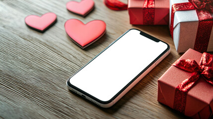 A cell phone with a white screen lies on a wooden table next to a pile of red and white gift boxes and hearts. A mockup of the phone in a festive style. March 8, Valentine's Day, wedding, etc