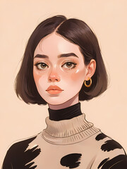 A portrait of a young woman with short black hair. wearing a cow-print sweater