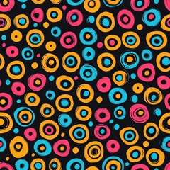 Vibrant Seamless Pattern of Geometric Shapes with Colorful Circles on Black Background