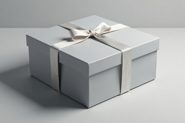 A large elegant gray box with a small white ribbon tied in a simple bow at the top, gray, packaging