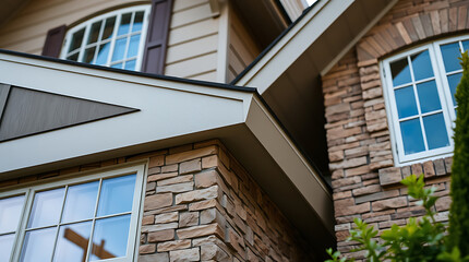 Luxury Home Exterior: Brick and Stone Architecture Design. Modern House Facade, Elegant Residential Building. Real Estate Photography