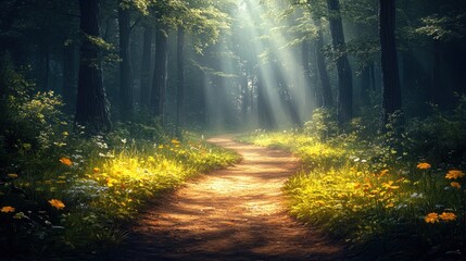 Naklejka premium Sunlit forest path, wildflowers, misty woods, nature scene, peaceful walk