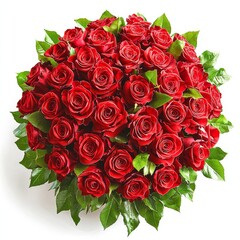 Obraz premium Romantic Valentine Day Bouquet of Red Roses with Fresh Green Leaves for Love and Affection
