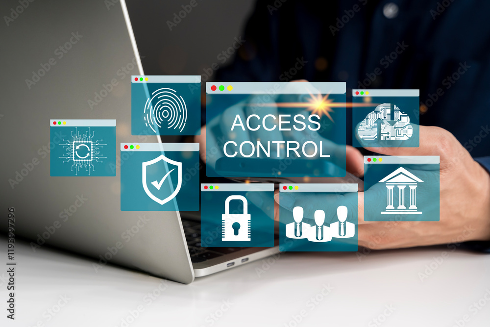 Poster biometric cyber security system and access control concept. businessman access security personal fin