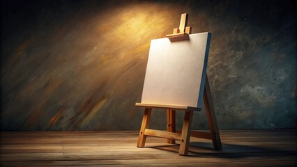 Low Light Easel Photography: Blank White Canvas, Wooden Easel, Artistic Still Life