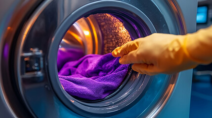 Laundry worker loads purple cloth into washer