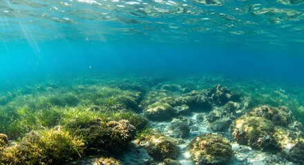 Obraz premium Underwater World Filled with Lush Marine Life and Sunlit Ocean Views of Vibrant Ecosystem Diversity