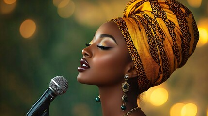 A soulful portrait of an elegant woman singing passionately, perfect for Black History Month, music events, or cultural promotions, emphasizing emotion and connection.