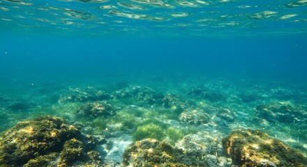 Naklejka premium Underwater World Filled with Lush Marine Life and Sunlit Ocean Views of Vibrant Ecosystem Diversity