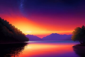 Obraz premium Beautiful and Peaceful Nature Scenery Illustration Landscape Countryside Tranquil Vibrant and Colorful