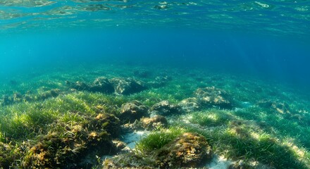 Fototapeta premium Underwater World Filled with Lush Marine Life and Sunlit Ocean Views of Vibrant Ecosystem Diversity