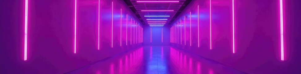 Bright violet neon lights adorn an empty hallway, fixtures, hall, colorful