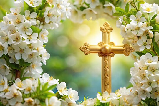 Macro Watercolor Easter Floral Cross: Baptism, Communion, Christening Postcard & Packaging Design Template