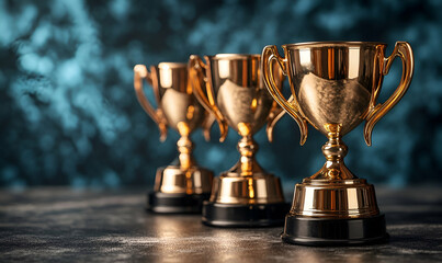 Golden trophies, victory, dark background, awards ceremony