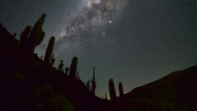 The Milky Way Arcs Across The Night Sky Above A Desert Landscape Filled With Cacti, Presenting An Awe-Inspiring View Of The Cosmos Amidst Nature�S Rugged Beauty - Atacama Desert, Chile