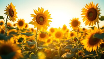Obraz premium Vibrant Sunflower Field at Sunrise/Sunset