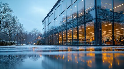 Fototapeta premium Modern building reflection in a wet, snowy street.
