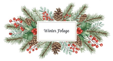 Winter foliage frame, delicate watercolor illustration, pine branches, holly berries, pine cones