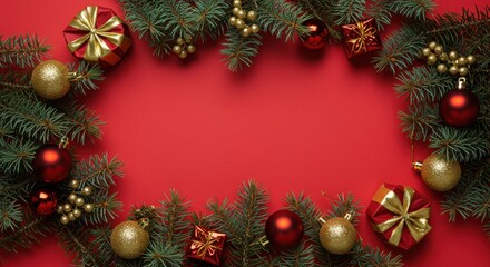 Christmas decoration, pine branches, red background, ornaments, baubles, festive