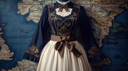 dark blue and white Gothic-style long-sleeved dress with an embroidered pattern on the chest, a brown belt around the waist, a cream-colored skirt