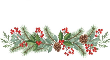 Winter foliage frame, delicate watercolor illustration, pine branches, holly berries, pine cones