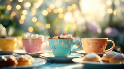 Fototapeta premium Whimsical tea party with colorful cups, pastries, and soft bokeh