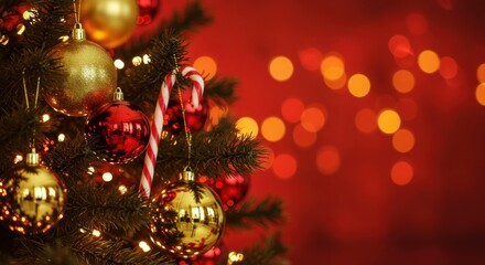 Christmas tree, ornate decorations, glowing lights, red and gold baubles, sparkly ornaments