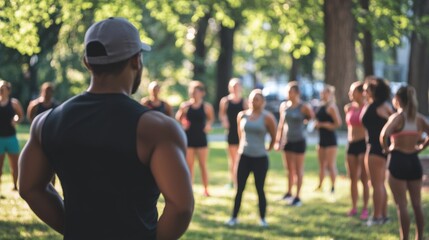 Fototapeta premium A fitness trainer coaching a diverse group in an outdoor workout session, Community fitness theme, Active lifestyle style