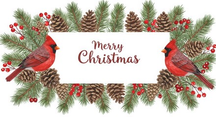Christmas border, pine branches, pine cones, red berries, winter birds, cardinals, watercolor style