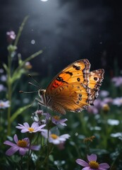 Obraz premium A butterfly alights on a wet petal of a wildflower in the dark meadow at night, serene, calm, landscape