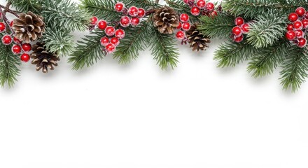 Christmas border, pine branches, frosted evergreen boughs, red berries, pinecones