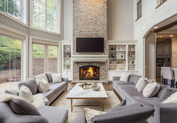 Cozy Modern Living Room with Stone Fireplace and Natural Light Streaming Through Large Windows
