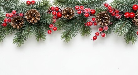 Christmas border, pine branches, frosted evergreen boughs, red berries, pinecones