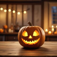 Obraz premium A carved pumpkin with a glowing face in the center, placed on a wooden table in front of a blurred background with a warm, cozy atmosphere., autumnal, fall decor
