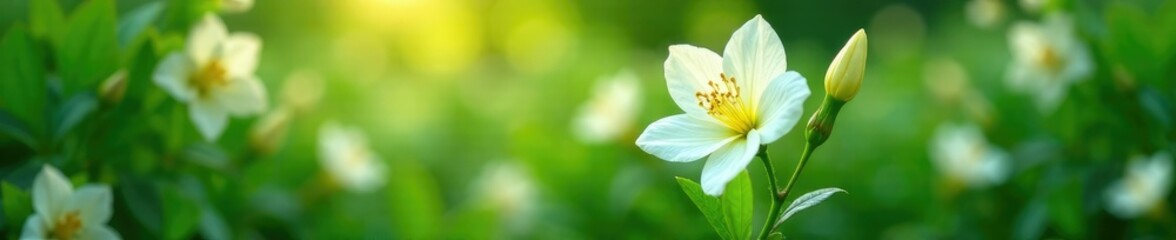 Obraz premium delicate white tuberose flowers in a lush green garden, floral, greenery, gardenia