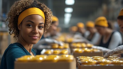 Multicultural friends packaging meals at a food bank, assembly-line setup with bright, clean surroundings, vibrant clothing adding color to the scene, joyful and purposeful expressions,