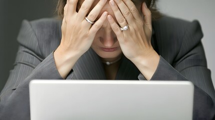 Stressed businesswoman hiding face behind hands at laptop