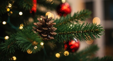 Christmas tree branch, red ornaments, snowflake pattern, pine cone, green needles, bokeh lights