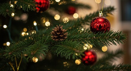 Christmas tree branch, red ornaments, snowflake pattern, pine cone, green needles, bokeh lights