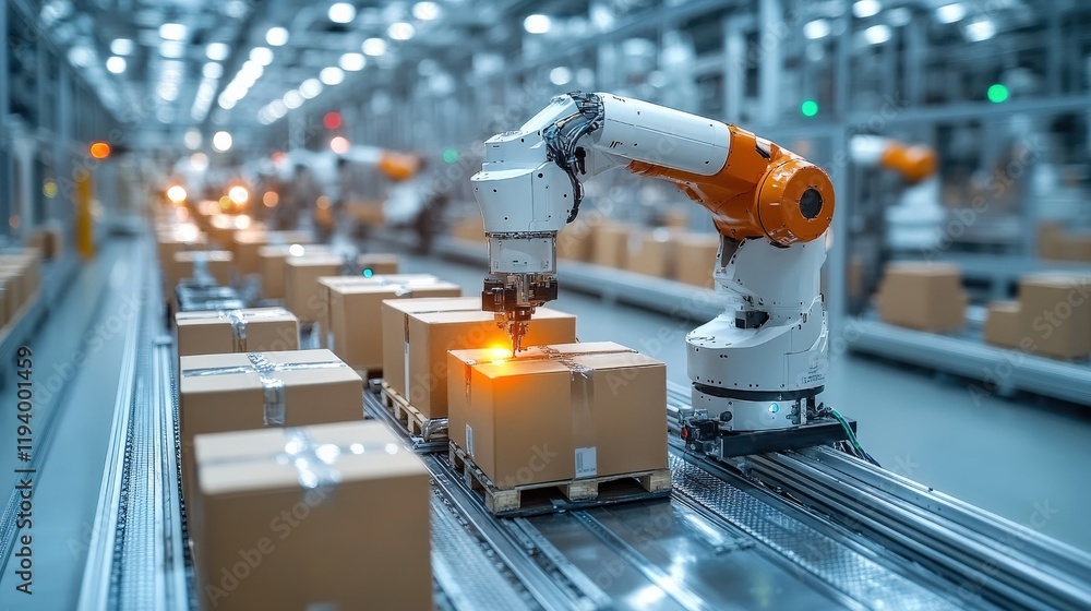 Poster efficient robotic arm sorting packages in a modern warehouse filled with automated conveyor systems 