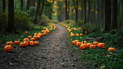 Obraz premium A cluster of small jack-o-lanterns are scattered across a forest path, casting an orange glow on the trees and underbrush, warm ambiance, woodland