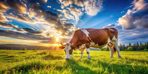 Panoramic Cow 962: Majestic Cattle in Lush Pasture - Wide Angle Farm Animal Photography