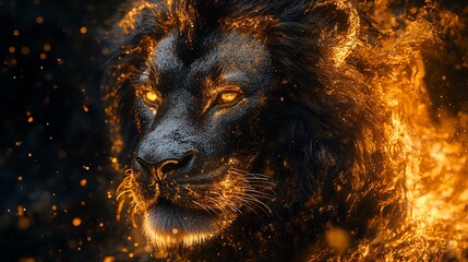 Naklejka premium Fiery lion portrait, majestic, powerful, burning mane, intense gaze, dark background, sparks.
