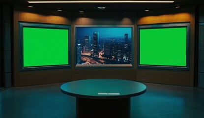 Modern studio backdrop, city view, green screens, presentation table